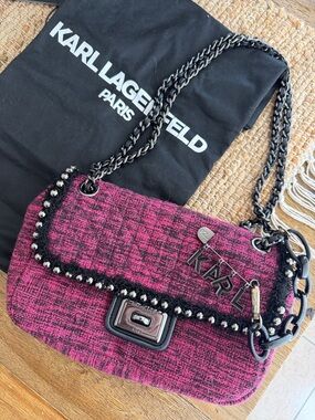 Karl Lagerfeld Fuchsia Tweed Chain-Trim Shoulder Bag
